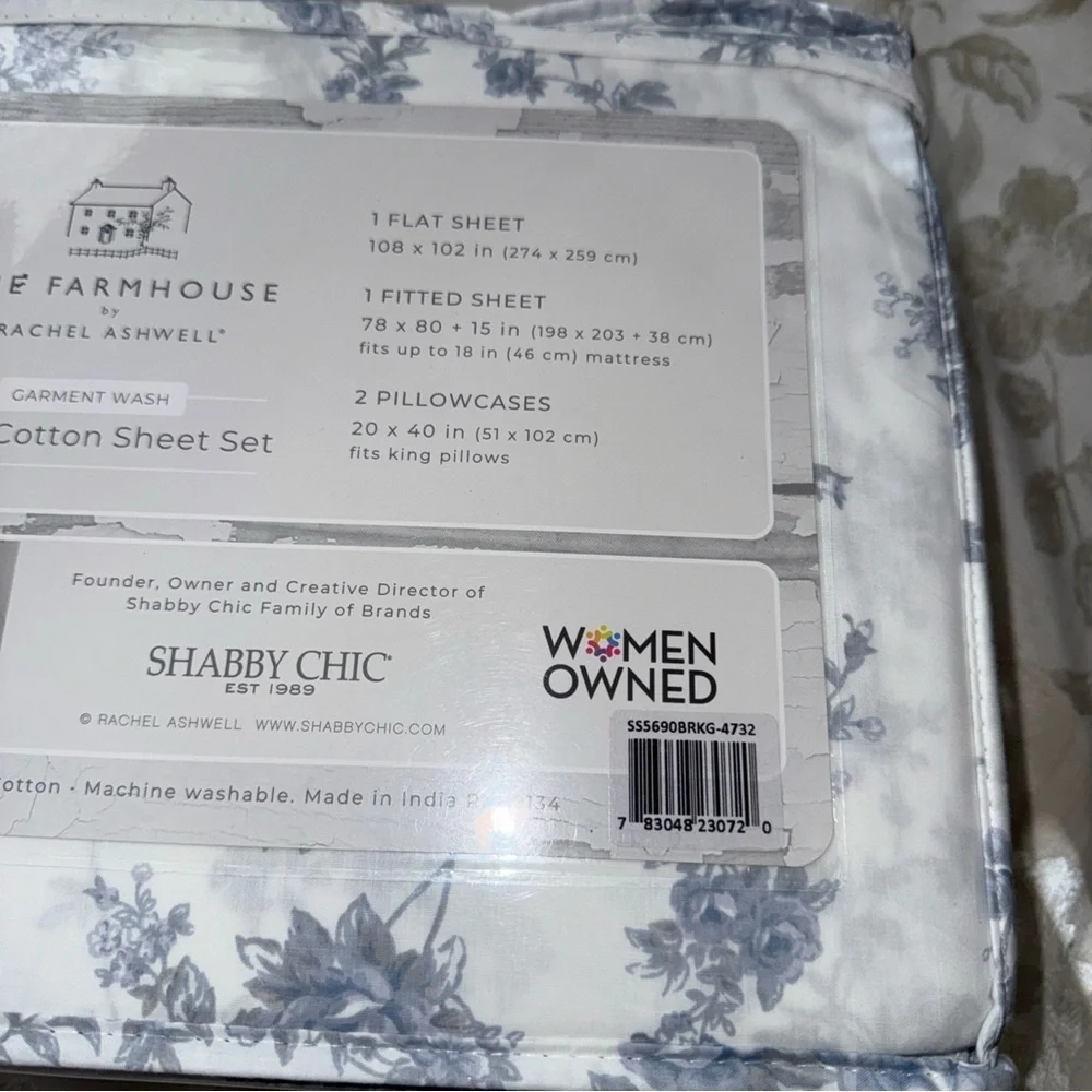 Shabby chic cotton king sheet set roses blue new